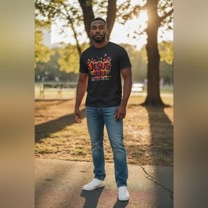 Black Graphic T-Shirt with Colorful 'Jesus' Design